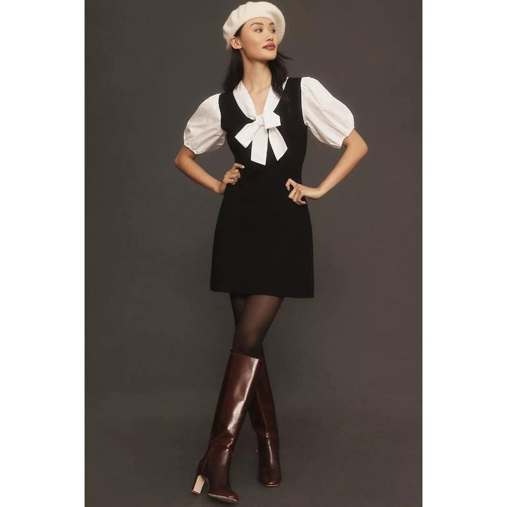 English Factory Black & White Puff Sleeve Bow Tie Dress S